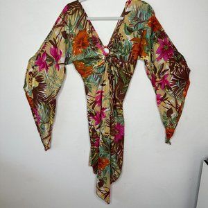 Pellini Pink Brown Tan Floral Print Deep V Asymmetrical Sleeves Dress Tunic 6